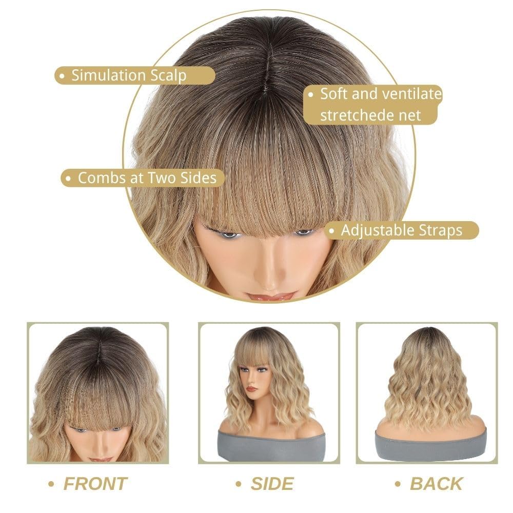 Blonde Wig with Bangs Short Bob Wavy Wig Loose Curly Shoulder Length human hair lace wigs - Wigtrends