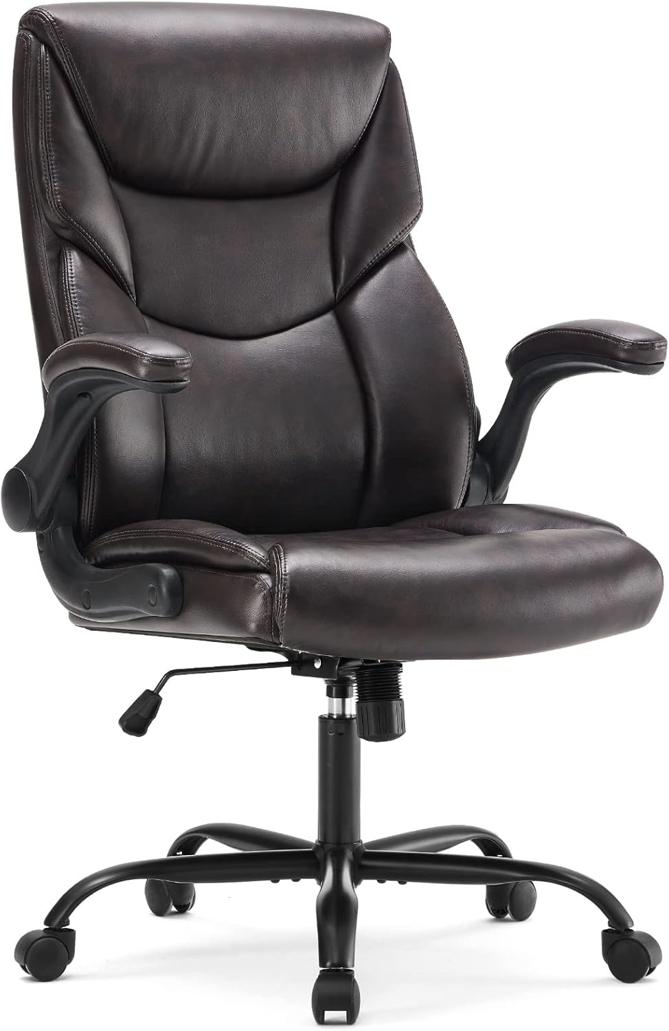 Sweetcrispy Ergonomic Office Chair Heavy Duty Task Desk Chair with Flip-up Arms, PU Leather, Adjustable Swivel Rolling Chair with Wheels, Beige