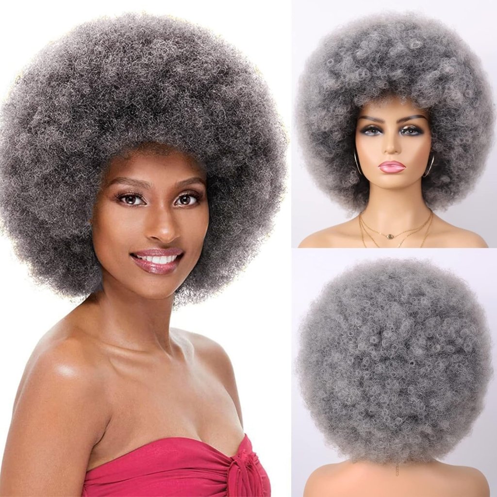 70s Dark Grey Afro Curly Wigs Synthetic Hair - Wigtrends