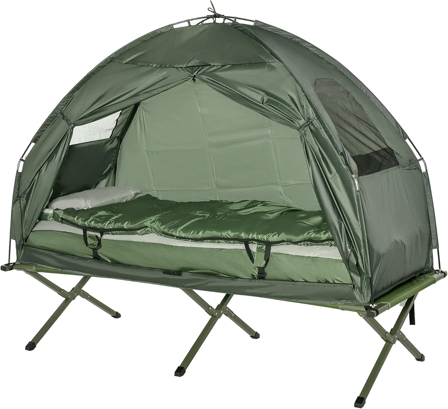Outsunny Camping Tent Cot, 4-in-1 Folding Tent Cot Combo with Mattress, Pillow, Sleeping Bag, Roller Carrying Bag, Off Ground Travel Camp Cot for Hiking, Backpacking, Picnic