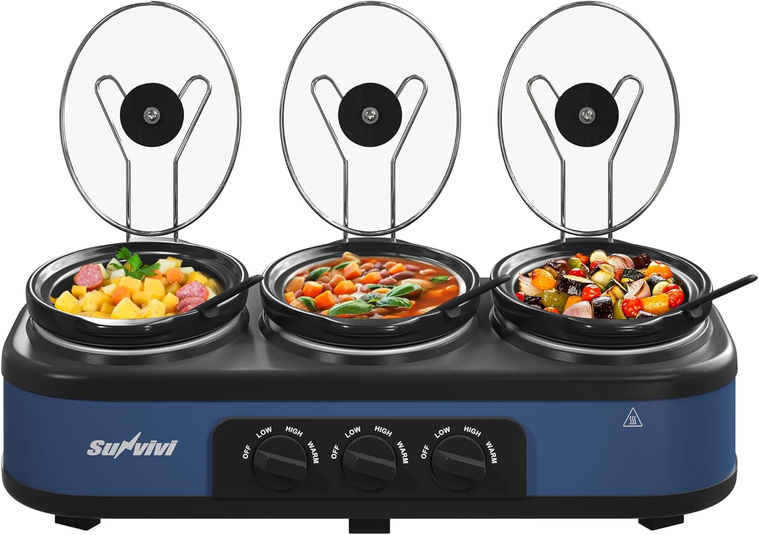 Sunvivi Slow Cooker, Triple Slow Cooker Buffet Server and Food Warmer, 3-Section 1.5-Quart Upgraded Oval Ceramic Pot with Stainless Steel Lid Rests, 3 Spoons, Total 4.5 QT