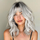 Silver Wig with Bangs White Bob Wavy Charming Synthetic Wigs