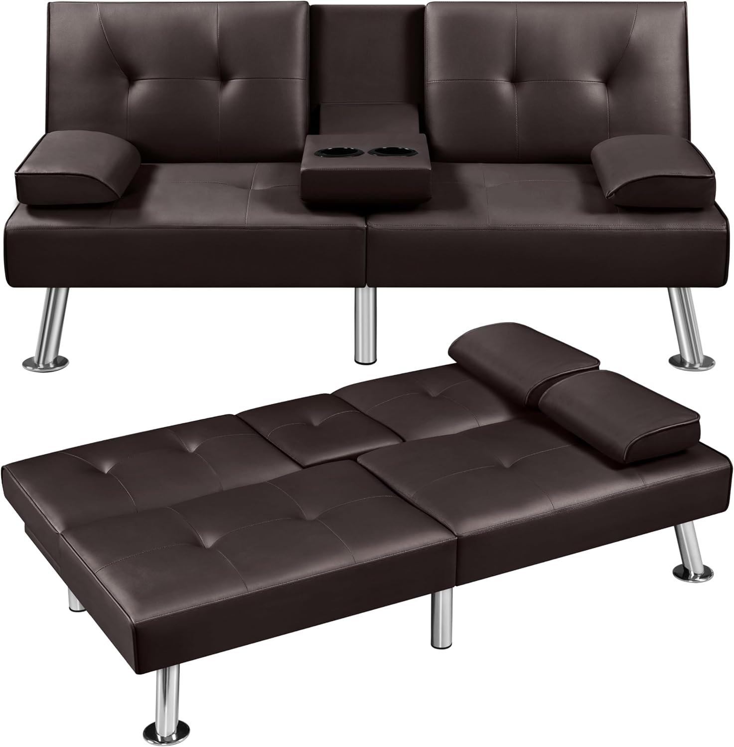Yaheetech Convertible Sofa Bed Adjustable Couch Sleeper Modern Faux Leather Home Recliner Reversible Loveseat Folding Daybed Guest Bed, Removable Armrests, Cup Holders, 3 Angles, 772lb Capacity, Brown