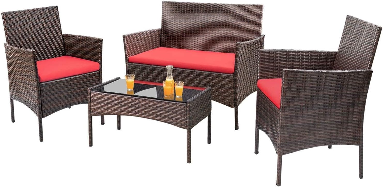 Homall 4 Pieces Outdoor Patio Furniture Sets Rattan Chair Wicker Set, Outdoor Indoor Use Backyard Porch Garden Poolside Balcony Furniture Sets Clearance (Brown and Beige)