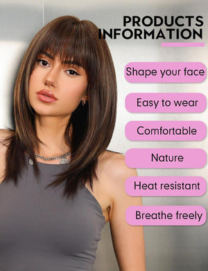 Dark Brown Wigs for Women layered Straight Wig with Bangs Natural Human Hair Wigs - Wigtrends