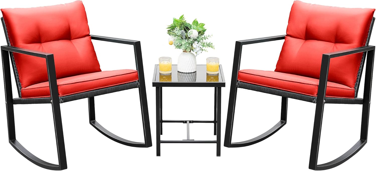 Devoko 3 Piece Rocking Bistro Set Wicker Patio Outdoor Furniture Porch Chairs Conversation Sets with Glass Coffee Table (Beige)