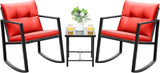 Devoko 3 Piece Rocking Bistro Set Wicker Patio Outdoor Furniture Porch Chairs Conversation Sets with Glass Coffee Table (Beige)