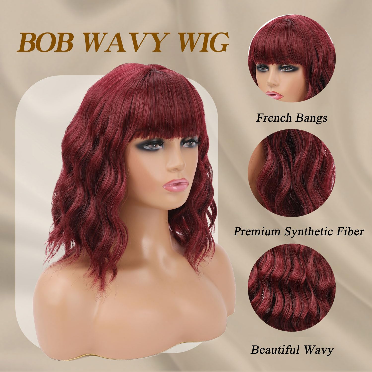 Red Wig with Bangs Short Wavy Wigs for Women Wine Red Curly Shoulder Length Bob Human Hair Wig - Wigtrends