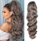 Body Wave Ponytail hair Extension Human Hair Wigs Wrap Around Drawstring Curly Wavy Ponytail Hairpieces(Silver Grey）