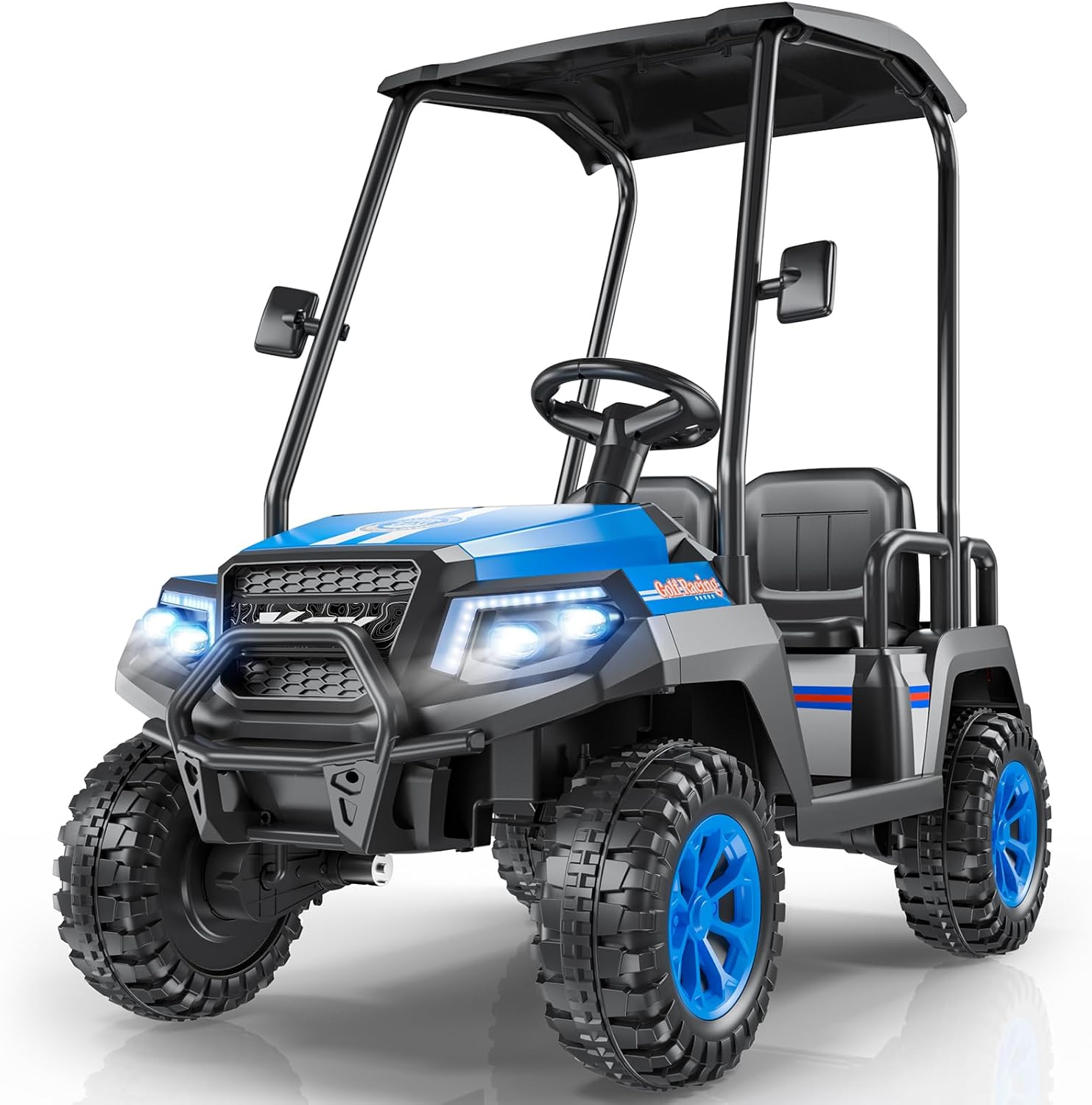R9 24V Kids Golf Cart, 4 Seats, 4WD Kids Electric Car w/Remote Control, Detachable Awning, Spring Suspension, Multimedia Functions Including Music, Story, Wireless Connection, Horn, Power Display