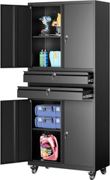 SISESOL Metal Storage Cabinet with Wheels,75 inch Tall Rolling Garage Storage Cabinet with Lock,Black Metal Cabinets with Wheels and Shelves,Deep Heavy Duty Tool Locker for Garage,Home,Office,Shop