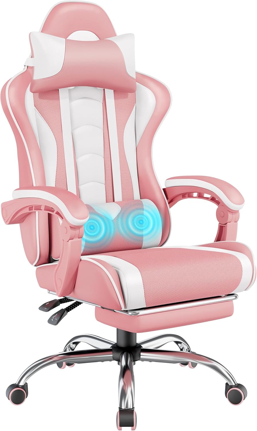 Yaheetech Gaming Chair, Video Game Chair with Massage Lumbar Support and Footrest Height Adjustable Ergonomic Computer Gaming Chair with Swivel Seat and Headrest, Black/White