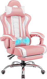 Yaheetech Gaming Chair, Video Game Chair with Massage Lumbar Support and Footrest Height Adjustable Ergonomic Computer Gaming Chair with Swivel Seat and Headrest, Black/White