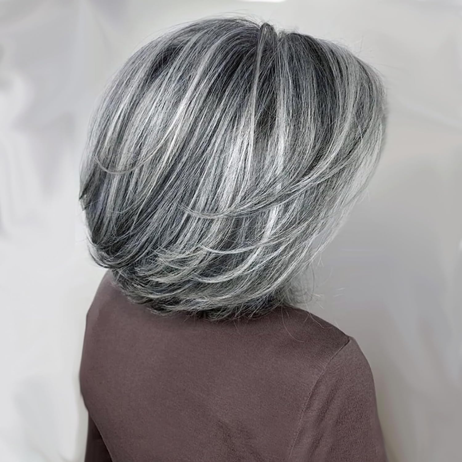 Short Curly Bob Layered Wig Wavy Salt and Pepper Gray Wig