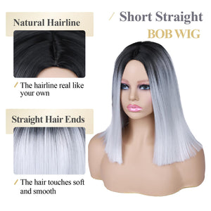 Quick Wig Ombre Wig Short Straight Bob Wig Black to Grey Wig Colorful Wigs for Girls and Women Shoulder Length Synthetic Halloween Cosplay Party Wigs 14 Inches - Wigtrends