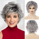 Short Curly Bob Layered Wig Wavy Salt and Pepper Gray Wig