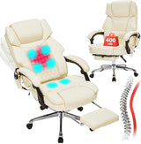 Massage Office Chair with Foot Rest 6 Points Vibration and Heat Home Office Desk Chairs for Heavy People 400lbs Reclining Managerial Chairs Ergonomic Executive Chair (Cream)