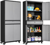 SISESOL Metal Storage Cabinet with Wheels,75 inch Tall Rolling Garage Storage Cabinet with Lock,Black Metal Cabinets with Wheels and Shelves,Deep Heavy Duty Tool Locker for Garage,Home,Office,Shop