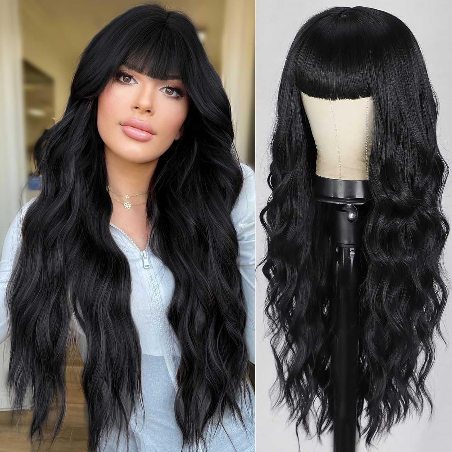 Blonde Wig With Bangs Long Wavy Curly Ombre Wig with Dark Root Human Hair Wigs