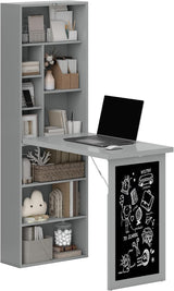 HOMCOM Fold-Out Convertible Writing Table, Wall Mount Desk Cabinet with Blackboard and Side Shelf Multi-Function Home Office Workstation, White