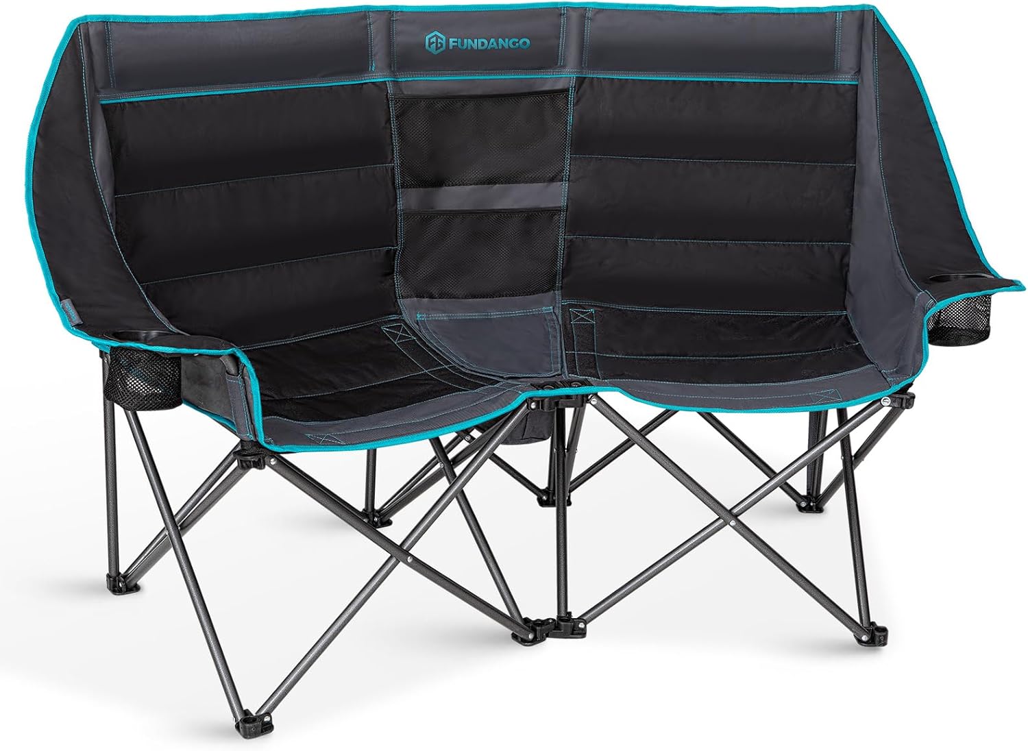 FUNDANGO Double Camping Chair with Cooler, 3 Person Folding Oversized Loveseat Camp Chairs for Adults Fully Padded Couch with Cup Holder Carry Bag for Outdoor Lawn Beach Patio Support 1000 LBS