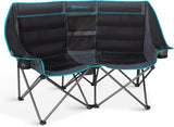 FUNDANGO Double Camping Chair with Cooler, 3 Person Folding Oversized Loveseat Camp Chairs for Adults Fully Padded Couch with Cup Holder Carry Bag for Outdoor Lawn Beach Patio Support 1000 LBS