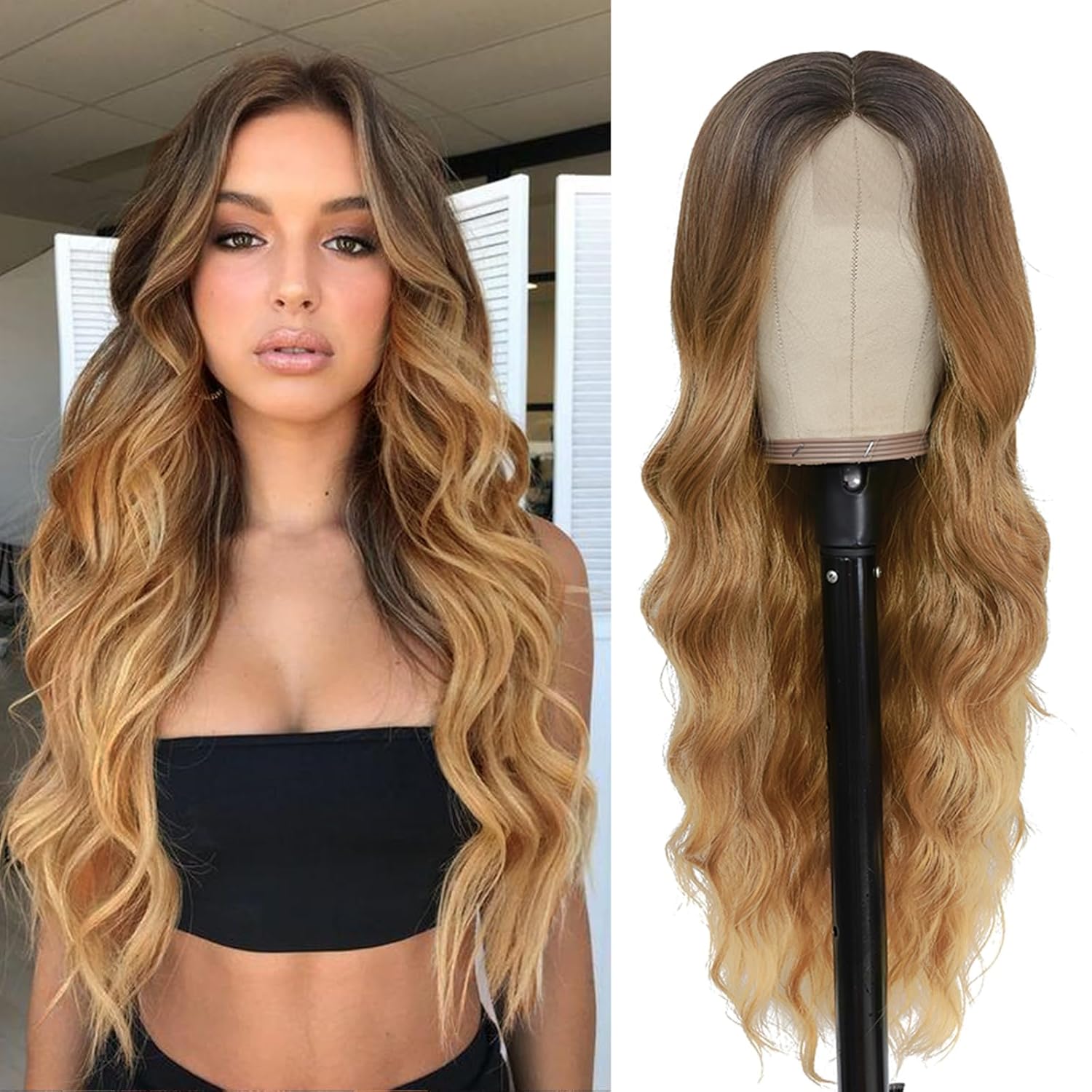 Long Auburn Wavy Wig 26 Inch Middle Part Curly Wavy Wig Natural Looking Synthetic Wig