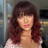 Curly Bob Wig with Bangs Short Wavy Wine Red Color Human Hair Wigs