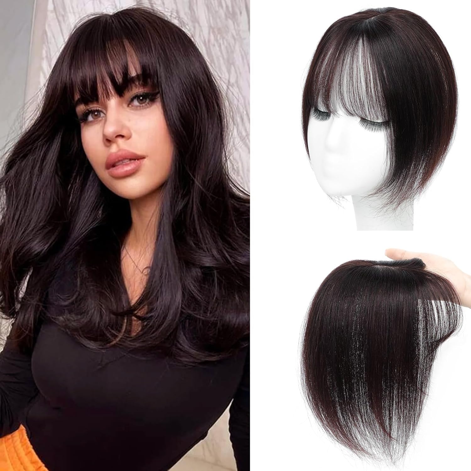 Hair Toppers for Women Real Human Hair, Bangs Hair Clip 360° 3D Cover Human Hair Topper with Bangs - Wigtrends