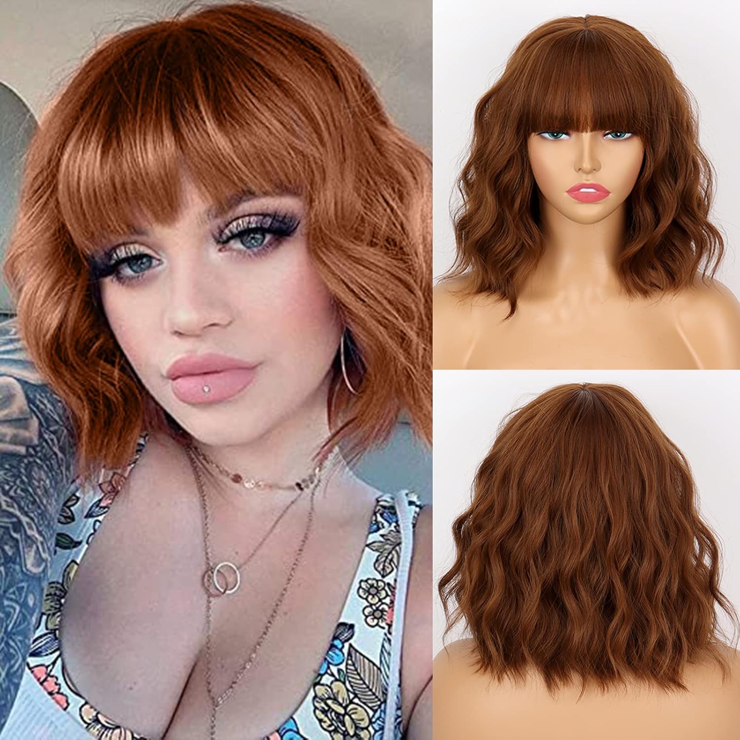 Short Wavy Black Wig with Bangs Bob Wig Synthetic Natural Looking Wigs