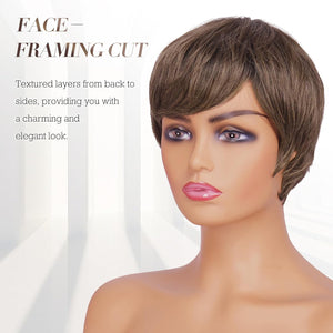 Pixie Cut Wigs Synthetic Short Brown Blonde Bangs Glueless Layered Wavy Wigs - Wigtrends