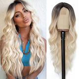 Long Auburn Wavy Wig 26 Inch Middle Part Curly Wavy Wig Natural Looking Synthetic Wig