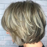 Short Curly Bob Layered Wig Wavy Salt and Pepper Gray Wig