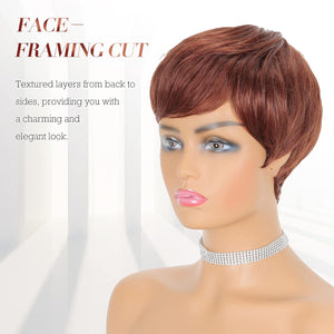 Pixie Cut Wigs Synthetic Short Brown Blonde Bangs Glueless Layered Wavy Wigs - Wigtrends