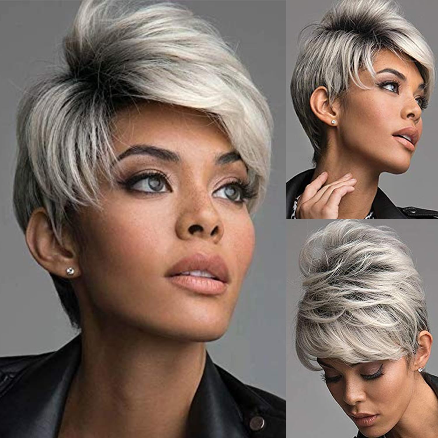 Short Grey Pixie Cut Wigs for White Women Layered Short Silver White Wigs Synthetic