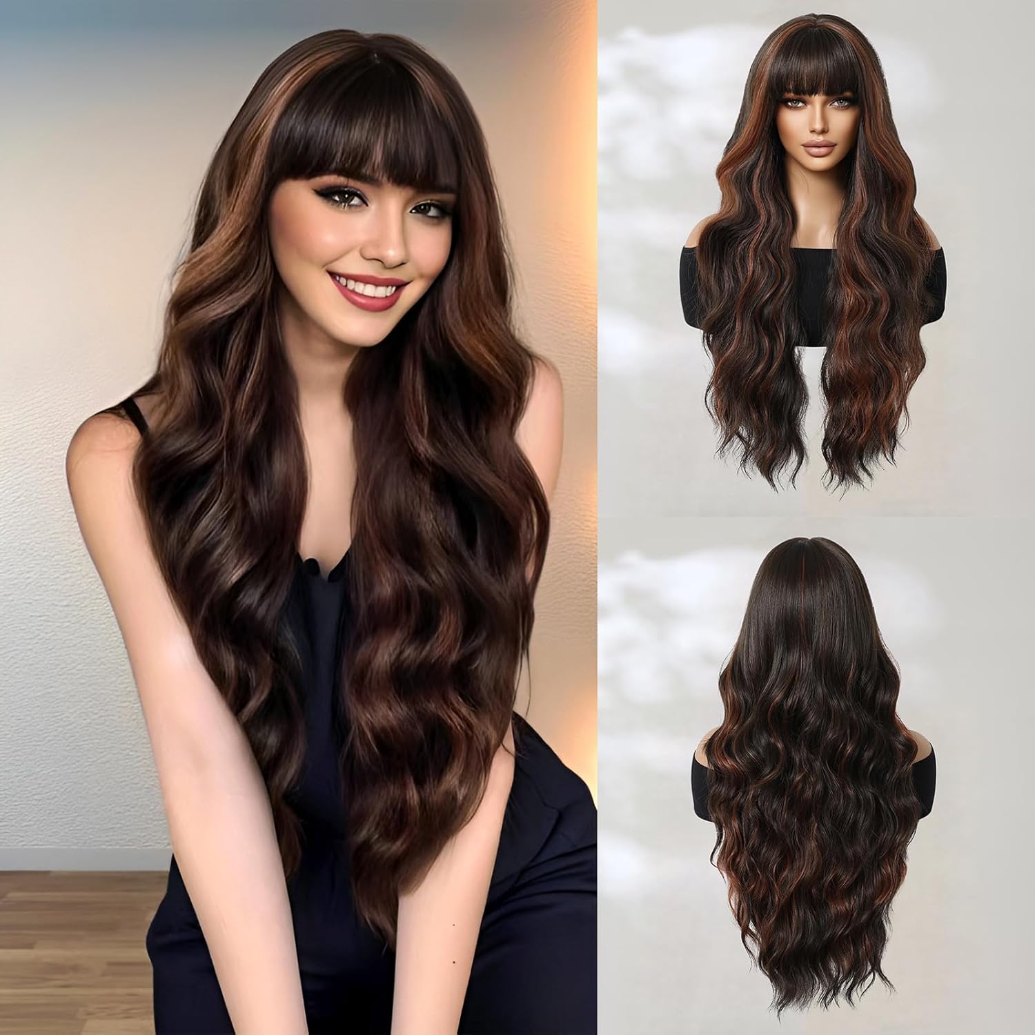 Long Brown Wave Wig 26 inch Synthetic Wig Wave Brown Heat Resistant Hair