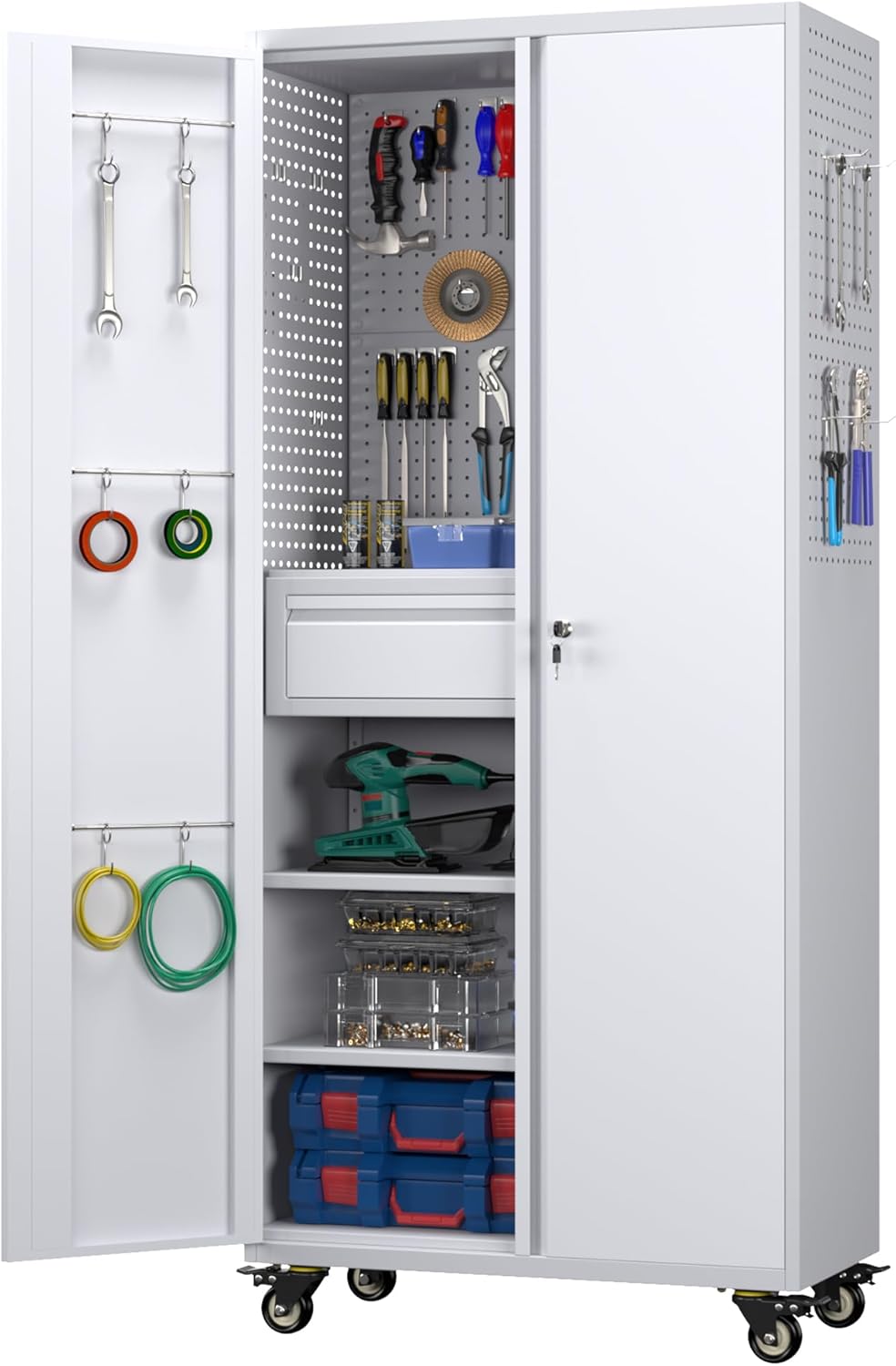 Metal Storage Cabinet with Pegboard 71'' x 34'' x 18'',Lockable Steel Storage Cabinet with 5 Adjustable Shelves and Door for Garage, Office, Kitchen, Assembly Required(Black)