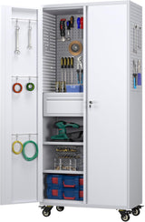 Metal Storage Cabinet with Pegboard 71'' x 34'' x 18'',Lockable Steel Storage Cabinet with 5 Adjustable Shelves and Door for Garage, Office, Kitchen, Assembly Required(Black)