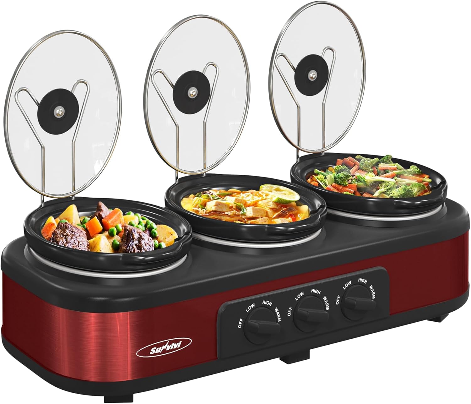 Sunvivi Slow Cooker, Triple Slow Cooker Buffet Server and Food Warmer, 3-Section 1.5-Quart Upgraded Oval Ceramic Pot with Stainless Steel Lid Rests, 3 Spoons, Total 4.5 QT