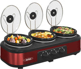 Sunvivi Slow Cooker, Triple Slow Cooker Buffet Server and Food Warmer, 3-Section 1.5-Quart Upgraded Oval Ceramic Pot with Stainless Steel Lid Rests, 3 Spoons, Total 4.5 QT