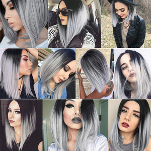 Quick Wig Ombre Wig Short Straight Bob Wig Black to Grey Wig Colorful Wigs for Girls and Women Shoulder Length Synthetic Halloween Cosplay Party Wigs 14 Inches - Wigtrends