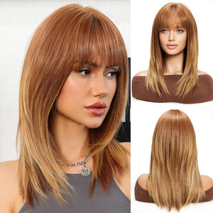 Dark Brown Wigs for Women layered Straight Wig with Bangs Natural Human Hair Wigs - Wigtrends