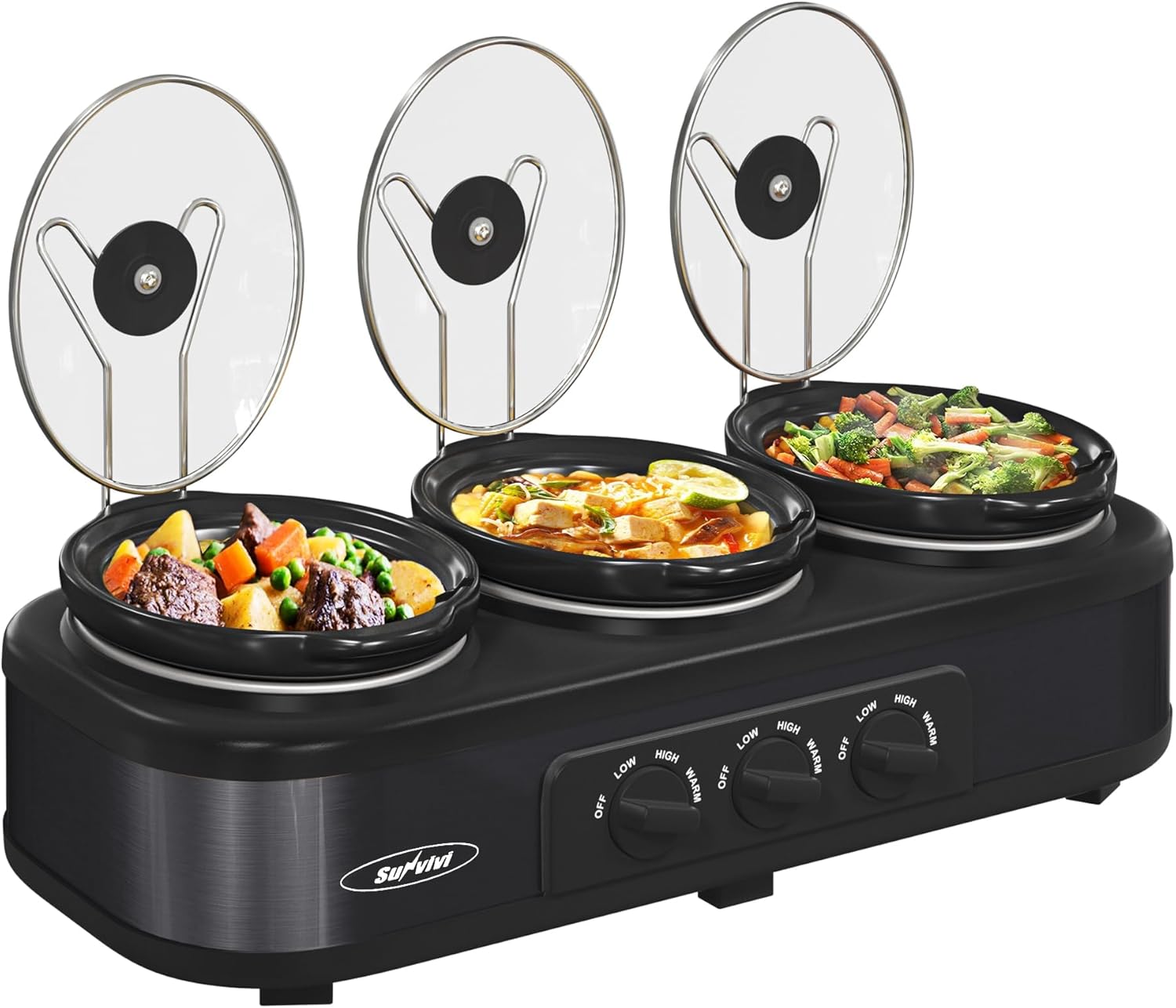 Sunvivi Slow Cooker, Triple Slow Cooker Buffet Server and Food Warmer, 3-Section 1.5-Quart Upgraded Oval Ceramic Pot with Stainless Steel Lid Rests, 3 Spoons, Total 4.5 QT