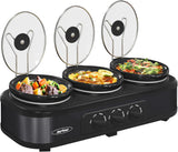 Sunvivi Slow Cooker, Triple Slow Cooker Buffet Server and Food Warmer, 3-Section 1.5-Quart Upgraded Oval Ceramic Pot with Stainless Steel Lid Rests, 3 Spoons, Total 4.5 QT