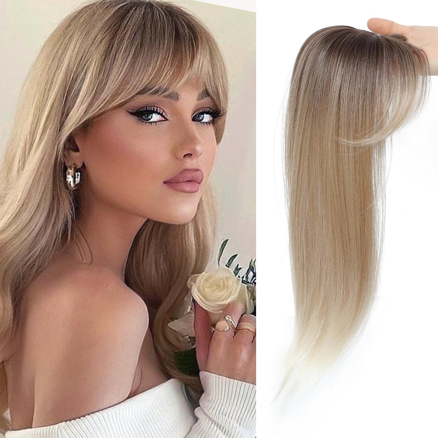 Hair Topper with Bangs Hair Clip 360° 3D Cover Hair Toppers Hair Pieces for Women with Thinning Hair