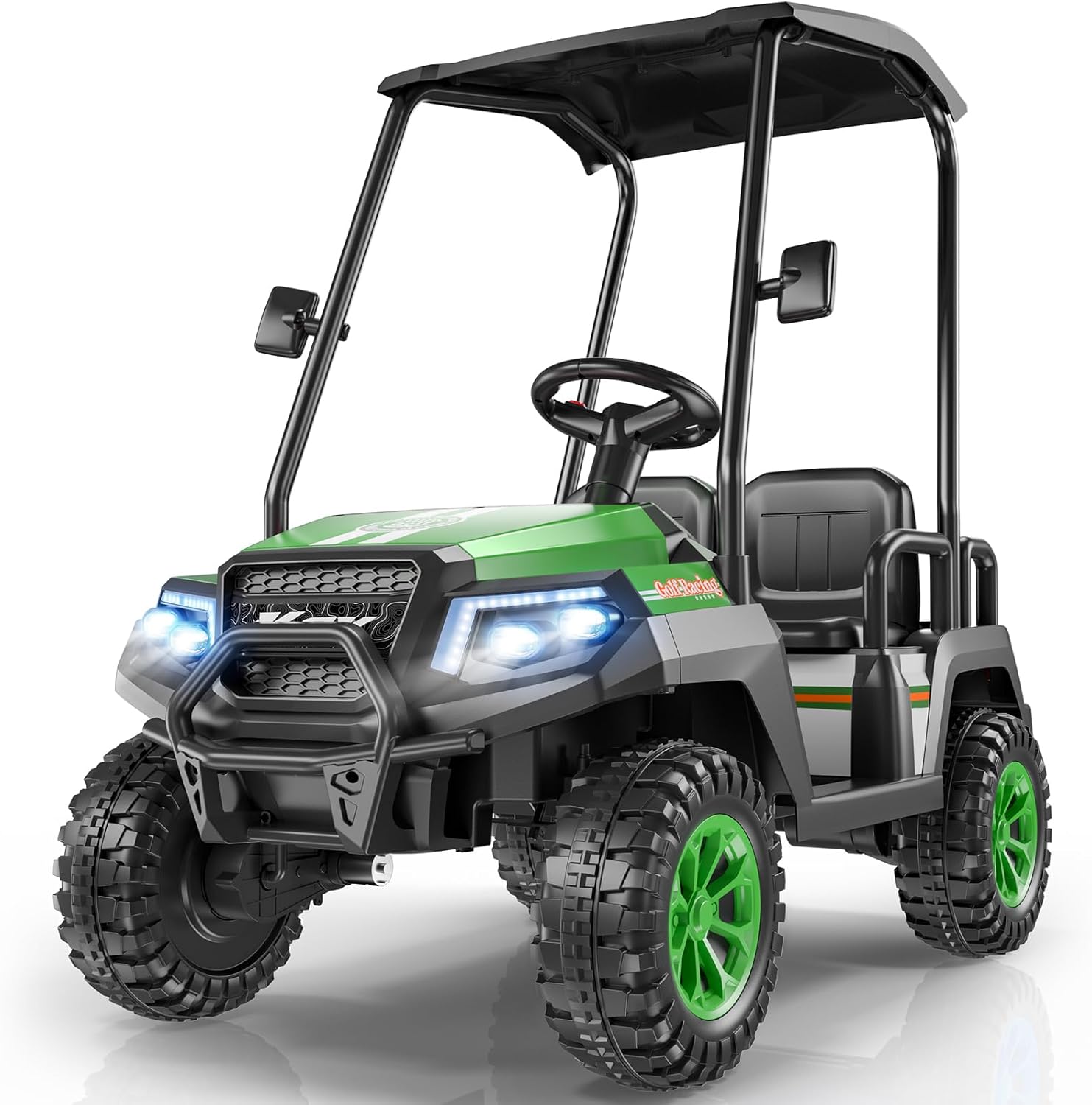 R9 24V Kids Golf Cart, 4 Seats, 4WD Kids Electric Car w/Remote Control, Detachable Awning, Spring Suspension, Multimedia Functions Including Music, Story, Wireless Connection, Horn, Power Display
