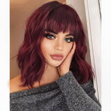 Curly Bob Wig with Bangs Short Wavy Wine Red Color Human Hair Wigs