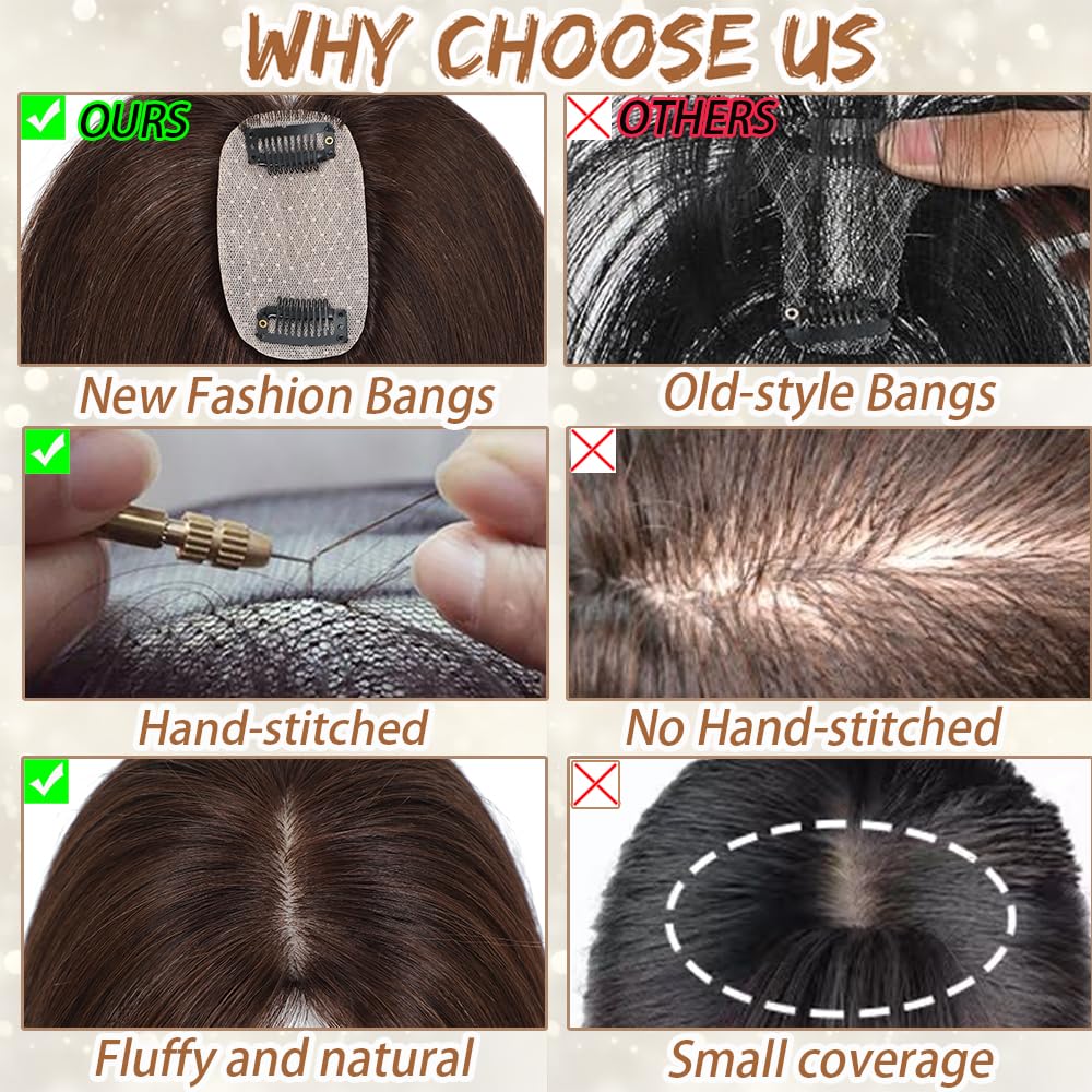 Hair Toppers for Women Real Human Hair, Bangs Hair Clip 360° 3D Cover Human Hair Topper with Bangs - Wigtrends