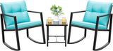 Devoko 3 Piece Rocking Bistro Set Wicker Patio Outdoor Furniture Porch Chairs Conversation Sets with Glass Coffee Table (Beige)