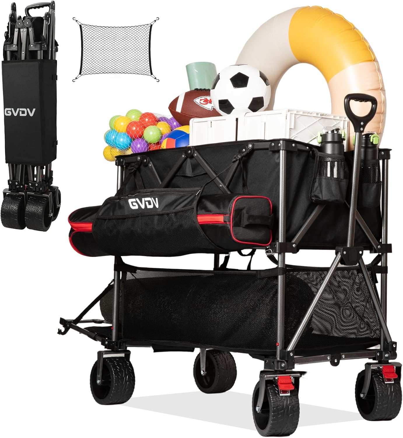 GVDV Double Decker Wagon 500LB Capacity & 400L Collapsible Carts with All-Terrain Wheels, 46" Extra Long Extender Cart with Nylon Netting, Foldable Wagon for Beach Camping Garden Sports